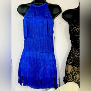 Elegant Blue Fringe Halter Dress